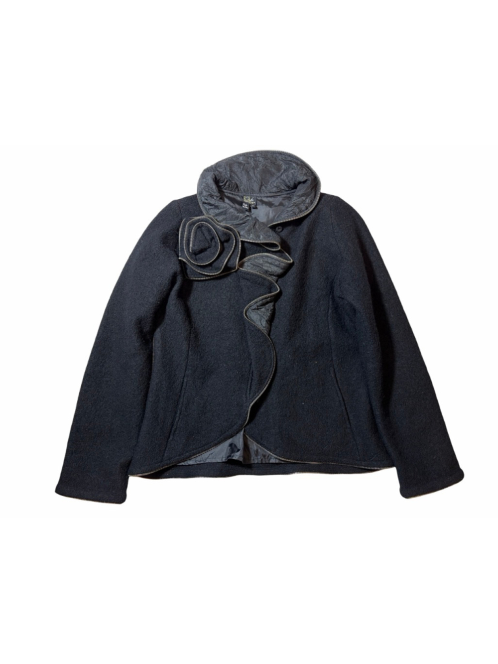 CoVelo Black Wool Silk Zip Rosette Collar Jacket Coat Size M Avant Garde